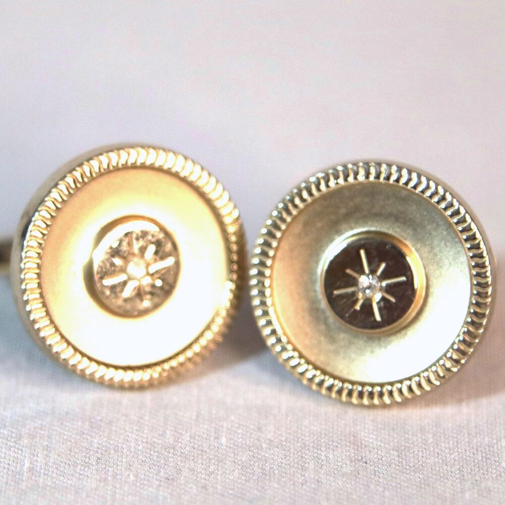 💎Vintage USA Cuff Links Gold Tone Atomic Burst Tiny Clear Rhinestone